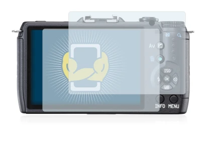 Image of the device Pentax Q10 with a wide variety of screen protectors.