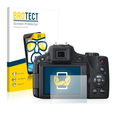 Front side of a product packaging with the brand logo BROTECT. Next to it is the device Canon PowerShot SX50 HS shown with the