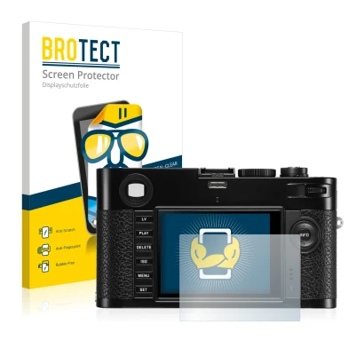 Front side of a product packaging with the brand logo BROTECT. Next to it is the device Leica M (Typ 240) shown with the corre