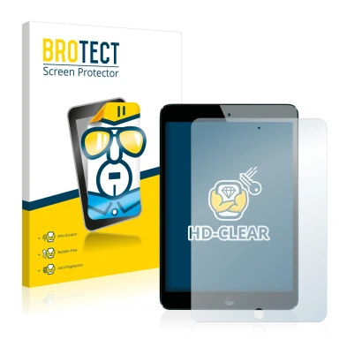 Front side of a product packaging with the brand logo BROTECT. Next to it is the device Apple iPad Mini 1 2012 shown with the 