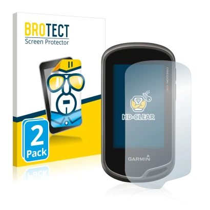Front side of a product packaging with the brand logo BROTECT. Next to it is the device Garmin Oregon 650 shown with the corre