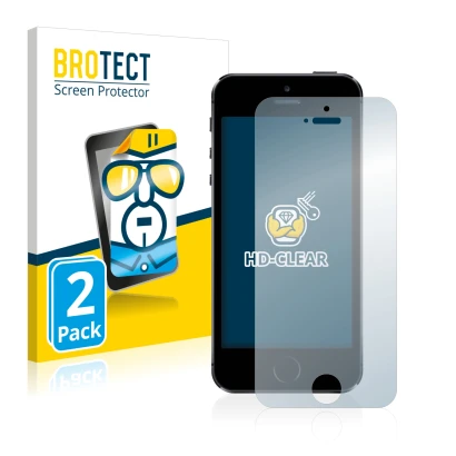 Front side of a product packaging with the brand logo BROTECT. Next to it is the device Apple iPhone 5S shown with the corresp