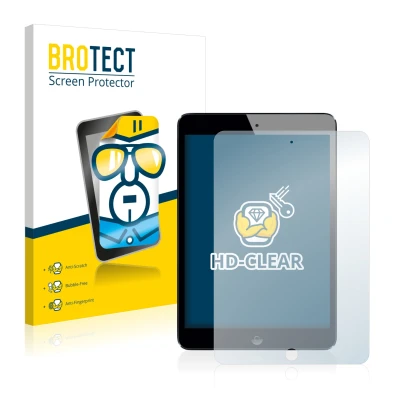 Front side of a product packaging with the brand logo BROTECT. Next to it is the device Apple iPad Mini 2 2013 shown with the