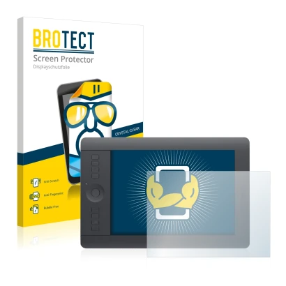 Front side of a product packaging with the brand logo BROTECT. Next to it is the device Wacom Intuos Pro S shown with the corr