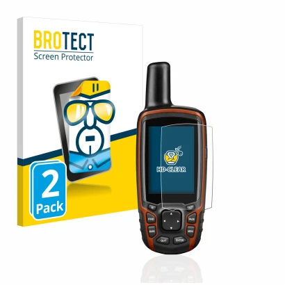 Front side of a product packaging with the brand logo BROTECT. Next to it is the device Garmin GPSMAP 64s shown with the corre