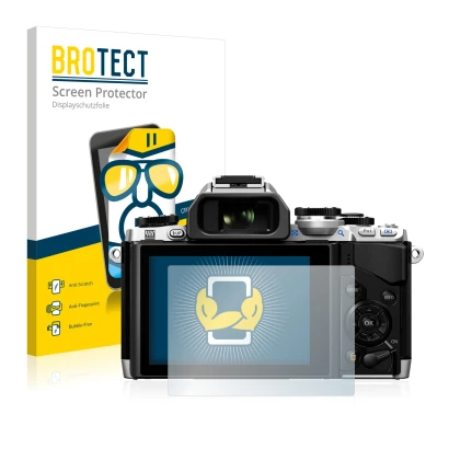 Front side of a product packaging with the brand logo BROTECT. Next to it is the device Olympus OM-D E-M10 shown with the corr