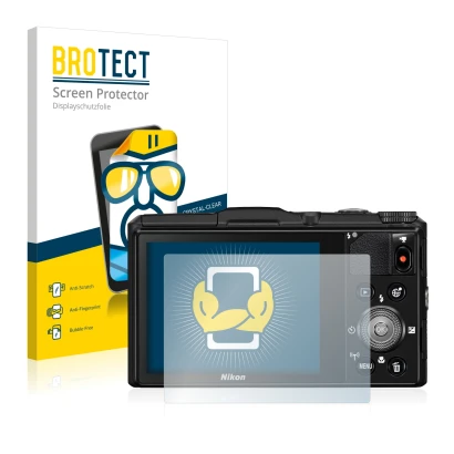 Front side of a product packaging with the brand logo BROTECT. Next to it is the device Nikon Coolpix S9700 shown with the cor