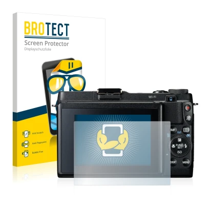 Front side of a product packaging with the brand logo BROTECT. Next to it is the device Canon PowerShot G1 X Mark II shown wit
