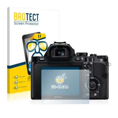 Front side of a product packaging with the brand logo BROTECT. Next to it is the device Sony Alpha 7S shown with the correspon