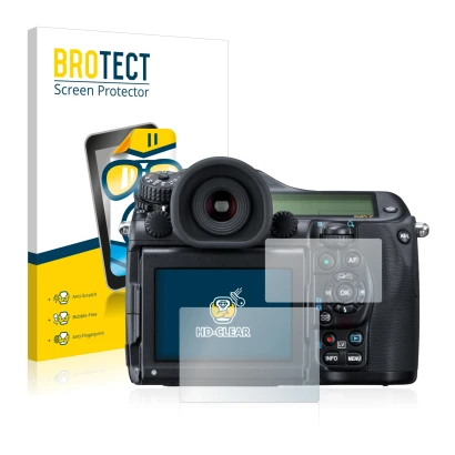 Front side of a product packaging with the brand logo BROTECT. Next to it is the device Pentax 645Z shown with the correspondi