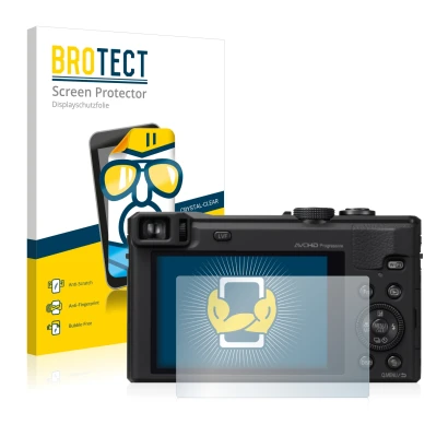 Front side of a product packaging with the brand logo BROTECT. Next to it is the device Panasonic Lumix DMC-TZ60 shown with th