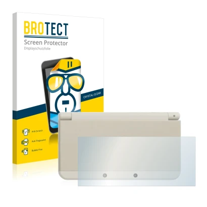 Front side of a product packaging with the brand logo BROTECT. Next to it is the device Nintendo New 3DS (housing) shown with