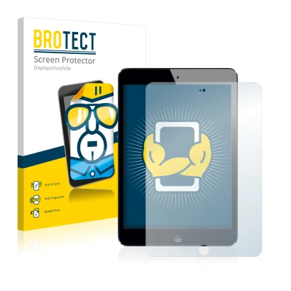 Front side of a product packaging with the brand logo BROTECT. Next to it is the device Apple iPad Mini 3 2014 shown with the 