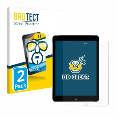 Front side of a product packaging with the brand logo BROTECT. Next to it is the device Apple iPad Air 2 2014 shown with the c