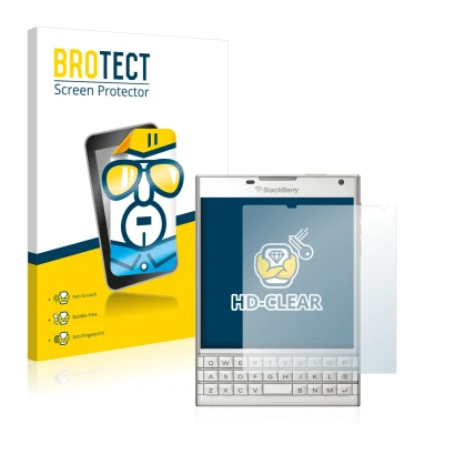 Front side of a product packaging with the brand logo BROTECT. Next to it is the device BlackBerry Passport shown with the cor