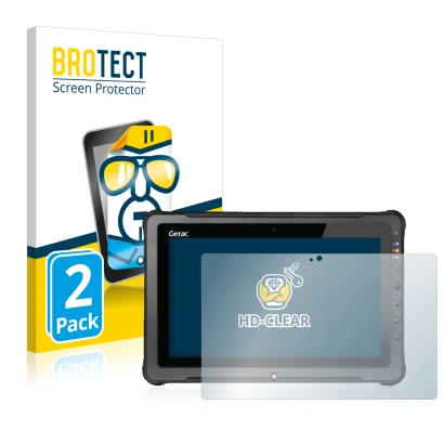 Front side of a product packaging with the brand logo BROTECT. Next to it is the device Getac F110 G5 shown with the correspon