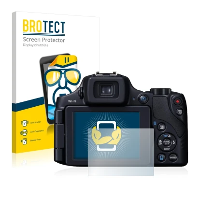 Front side of a product packaging with the brand logo BROTECT. Next to it is the device Canon PowerShot SX60 HS shown with the