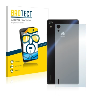 Front side of a product packaging with the brand logo BROTECT. Next to it is the device Huawei Ascend P7 (Back) shown with the