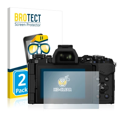 Front side of a product packaging with the brand logo BROTECT. Next to it is the device Olympus OM-D E-M5 Mark II shown with t