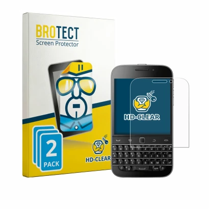 Front side of a product packaging with the brand logo BROTECT. Next to it is the device Blackberry Classic Q20 shown with the 