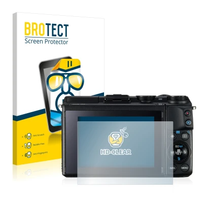 Front side of a product packaging with the brand logo BROTECT. Next to it is the device Canon EOS M3 shown with the correspond