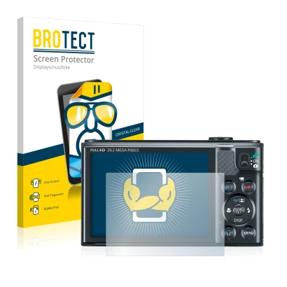 Front side of a product packaging with the brand logo BROTECT. Next to it is the device Canon PowerShot SX610 HS shown with th