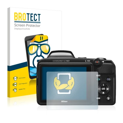 Front side of a product packaging with the brand logo BROTECT. Next to it is the device Nikon Coolpix L340 shown with the corr