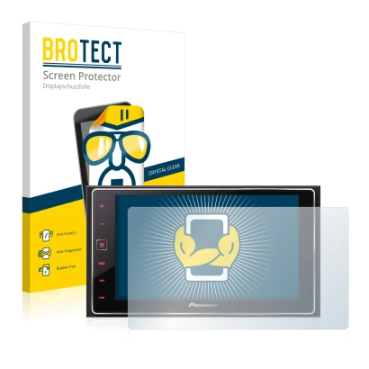 Front side of a product packaging with the brand logo BROTECT. Next to it is the device Pioneer SPH-DA120 shown with the corre