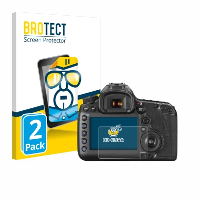 Front side of a product packaging with the brand logo BROTECT. Next to it is the device Canon EOS 5DS R shown with the corresp