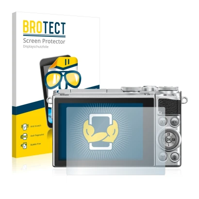 Front side of a product packaging with the brand logo BROTECT. Next to it is the device Nikon 1 J5 shown with the correspondin