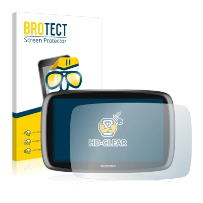Front side of a product packaging with the brand logo BROTECT. Next to it is the device TomTom GO 6100 shown with the correspo