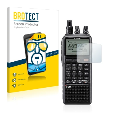 Front side of a product packaging with the brand logo BROTECT. Next to it is the device Icom IC-R20 shown with the correspondi