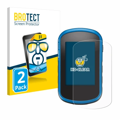 Front side of a product packaging with the brand logo BROTECT. Next to it is the device Garmin eTrex Touch 35 shown with the c