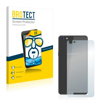 Front side of a product packaging with the brand logo BROTECT. Next to it is the device Siswoo C50 Longbow (Back) shown with t