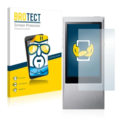 Front side of a product packaging with the brand logo BROTECT. Next to it is the device Astell&Kern AK Jr shown with the corre
