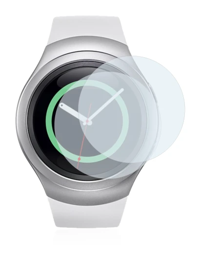 Image of the device Samsung Gear S2 with a wide variety of screen protectors.