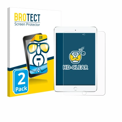 Front side of a product packaging with the brand logo BROTECT. Next to it is the device Apple iPad Mini 4 2015 shown with the 