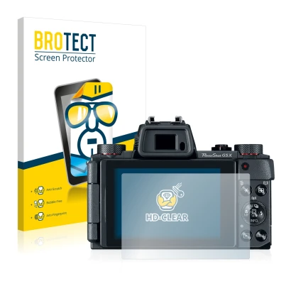 Front side of a product packaging with the brand logo BROTECT. Next to it is the device Canon PowerShot G5 X shown with the co