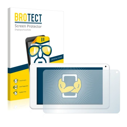 Front side of a product packaging with the brand logo BROTECT. Next to it is the device BigBen Unity Tab 7 shown with the corr