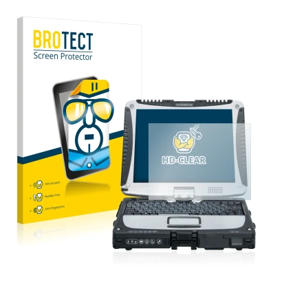 Front side of a product packaging with the brand logo BROTECT. Next to it is the device Panasonic Toughbook CF-19 shown with t