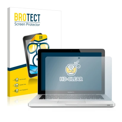 Front side of a product packaging with the brand logo BROTECT. Next to it is the device Apple MacBook Pro 13" 2012 shown with