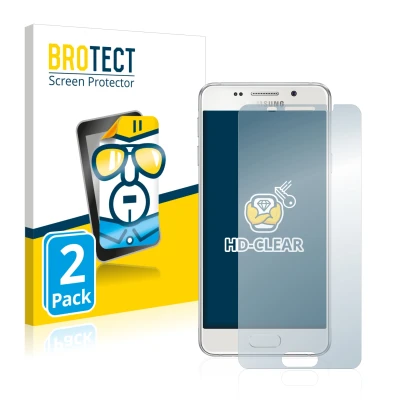 Front side of a product packaging with the brand logo BROTECT. Next to it is the device Samsung Galaxy A3 2016 shown with the