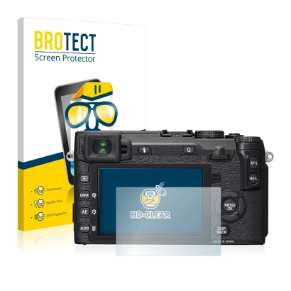 Front side of a product packaging with the brand logo BROTECT. Next to it is the device Fujifilm X-E2S shown with the correspo