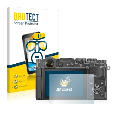 Front side of a product packaging with the brand logo BROTECT. Next to it is the device Olympus PEN-F shown with the correspon