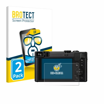 Front side of a product packaging with the brand logo BROTECT. Next to it is the device Panasonic Lumix DMC-TZ80 shown with th
