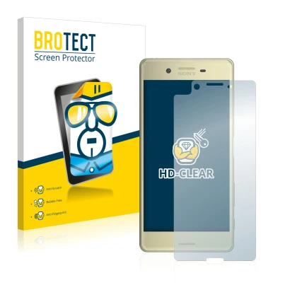 Front side of a product packaging with the brand logo BROTECT. Next to it is the device Sony Xperia X shown with the correspon