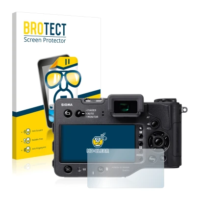 Front side of a product packaging with the brand logo BROTECT. Next to it is the device Sigma SD Quattro H shown with the corr