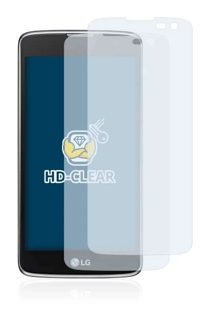 Image of the device LG K7 (camera right only) with a wide variety of screen protectors.