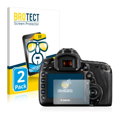 Front side of a product packaging with the brand logo BROTECT. Next to it is the device Canon EOS 5D Mark IV shown with the co