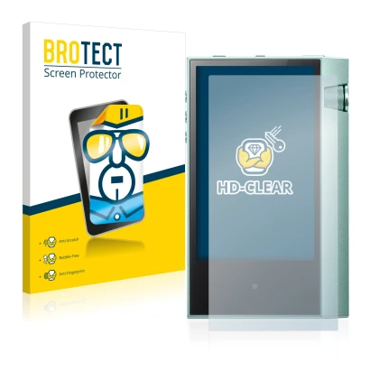 Front side of a product packaging with the brand logo BROTECT. Next to it is the device Astell&Kern AK70 shown with the corres